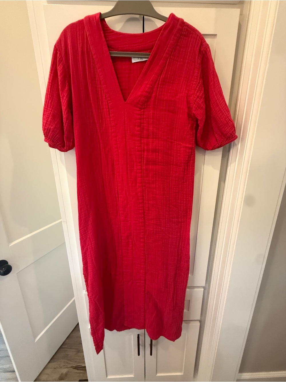Bright Pink Lake brand V-Neck Midi Dress with Puff Sleeves